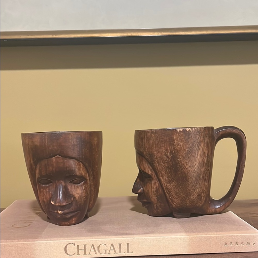 Handcrafted Wooden Face Mugs - Brown